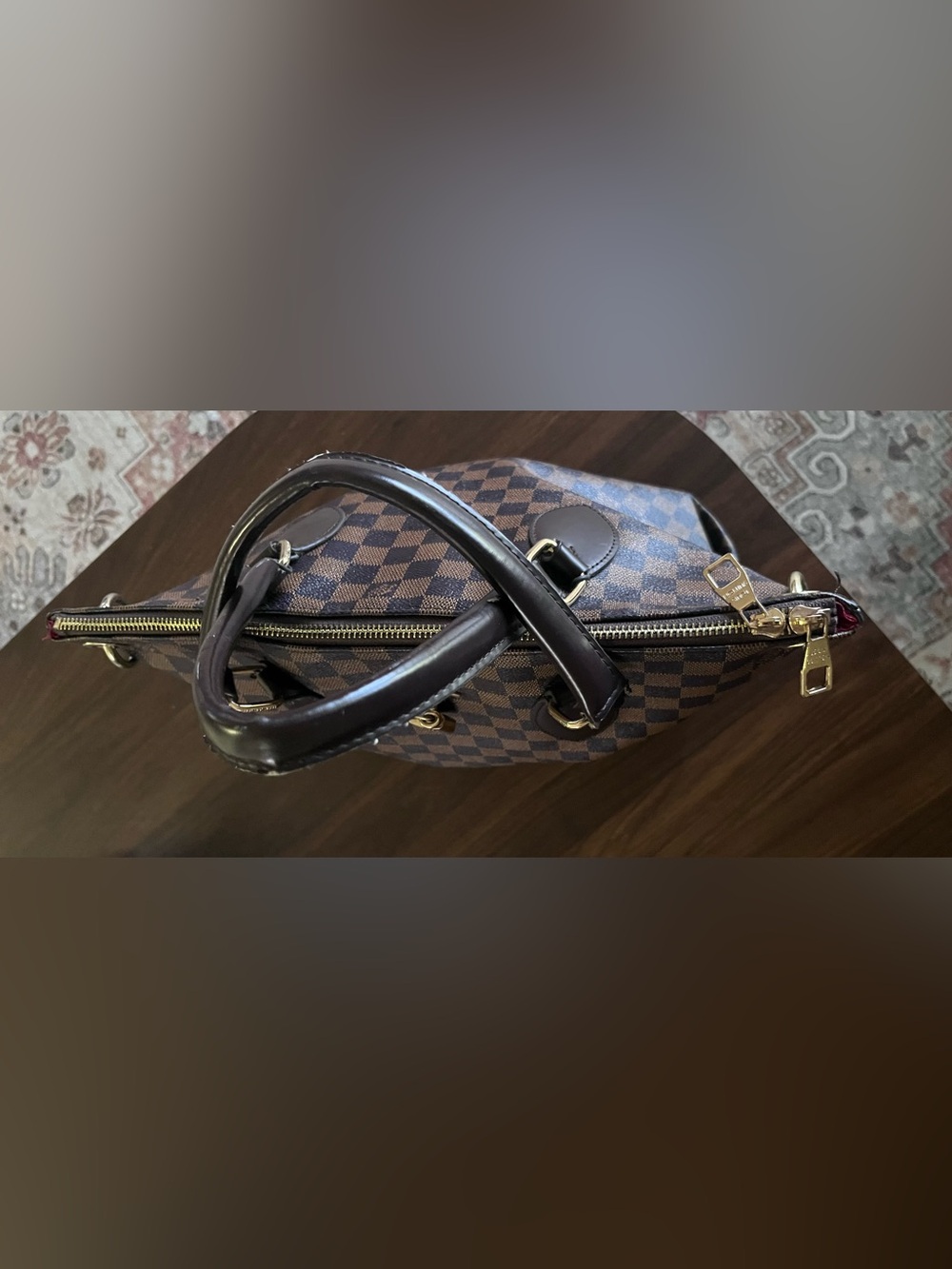 Brown checkered Zip top design inspired satchel . - Picture 10 of 11